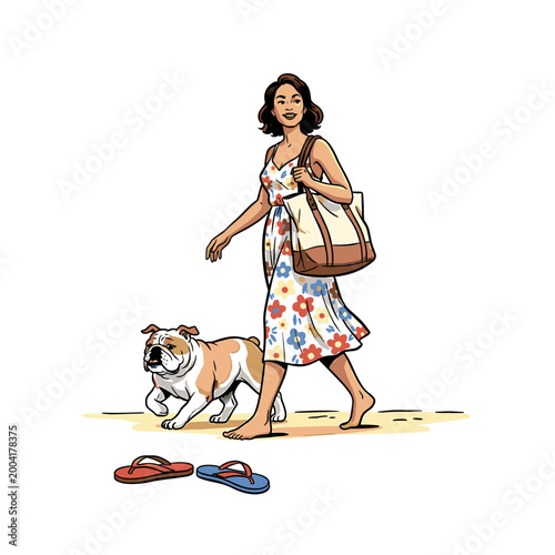 Smiling woman walking with english bulldog on the beach barefoot, summer vacation concept vector illustration isolated on white