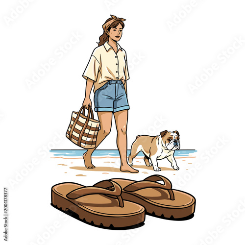Stylish woman walking bulldog on tropical beach, summer vacation lifestyle with flip flops, comic style vector illustration