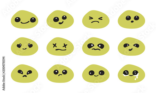 Cute faces elements. Adorable  blob shape form stickers in simple minimalistic style. Flat vector illustration set. Green emoji collection.