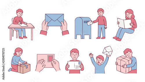 People Sending Mail and Packages Set, Flat Vector Illustration of Characters Writing Letters, Posting Letters, Shipping Boxes, and Receiving Parcel Deliveries for Postal Service and Communication Conc