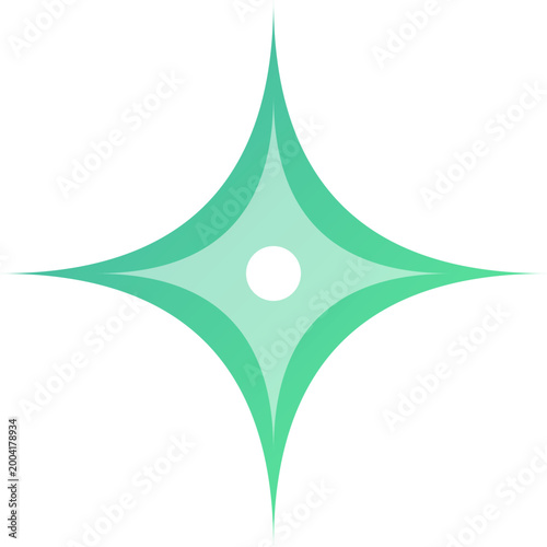 Teal four-pointed star with a white dot center isolated on a plain white background illustration