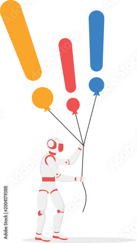 AI robot holding exclamation mark balloons