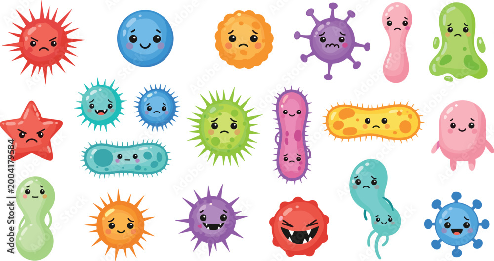 Obraz premium Kawaii Microbe and Germ Character Set with Cute Faces and Bright Colors, Ideal for Health, Education, and Fun Designs
