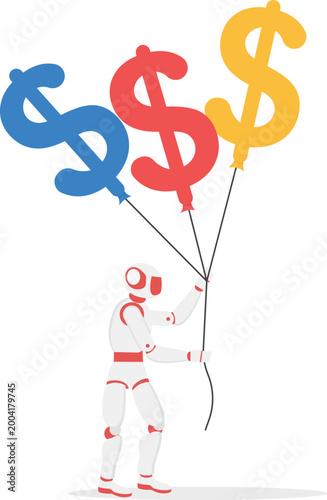 AI robot holding dollar sign balloons