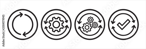 Black and white icons of cyclical processes with gears and checkmark