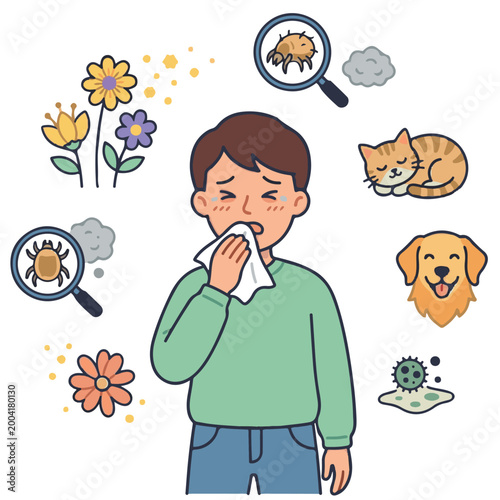 Foto Cartoon illustration of a person sneezing due to allergies, surrounded by pollen, flowers, dust, and pet dander icons representing common allergy triggers