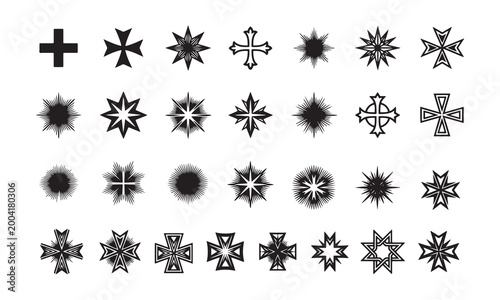 Collection of various black cross and starburst shapes
