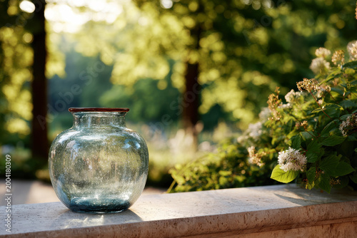 Round handcrafted recycled glass vase on a marble terrace ledge in golden hour light with flowering shrubs