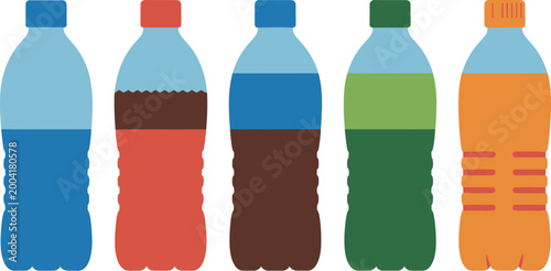 Water bottle icons, vector symbols featuring plastic bottles mineral water carbonated soda and fizzy drinks for packaging branding and product design.