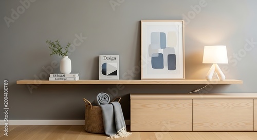 Modern minimalist living room interior with wooden furniture and decor. Featuring a floating shelf, table lamp, and abstract art, ideal for home staging and contemporary lifestyle visuals