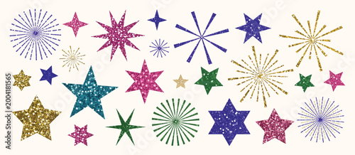 Glitter Star Stickers Set in Gold, Pink, Green and Blue Colors with Sparkling Sequin Texture, Disco Shine Effect Vector Design for Crafts, Invitations, Party Decor and Christmas Graphics