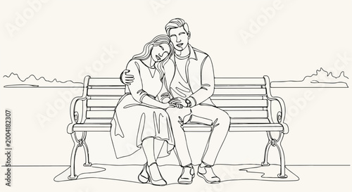 Continuous Line Art Drawing of Couple Sitting on Park Bench