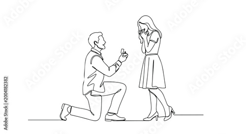 Continuous Line Drawing of Man Proposing to Woman with Engagement Ring Vector