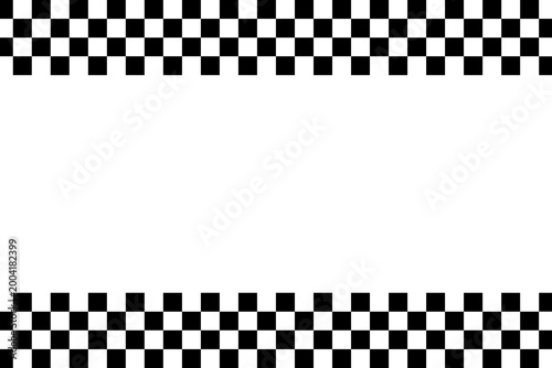 Checkered racing flag horizontal border. Black and white checkerboard texture. Motorsport finish line design.