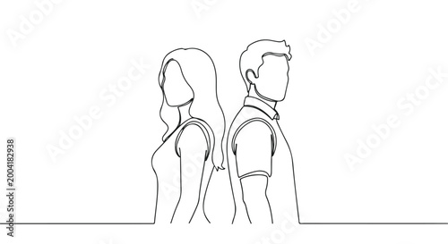 Continuous Line Drawing of Man and Woman Standing Back to Back Vector
