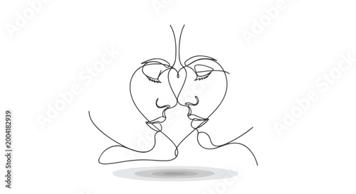 Continuous Line Art Drawing of Two Faces Kissing Forming a Heart Shape Vector