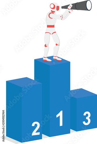 Robot on ranking podium looking through telescope