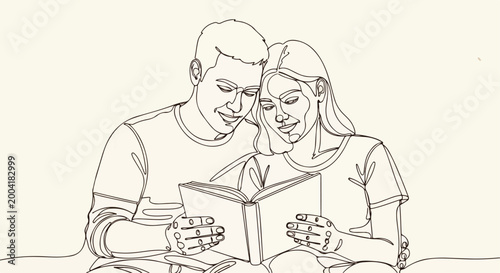 Continuous Line Art Drawing of Young Couple Reading Book Together