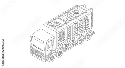 Isometric line drawing of a specialized truck designed for transporting and dispensing industrial gases, featuring multiple cylinders and a complex dispensing system.