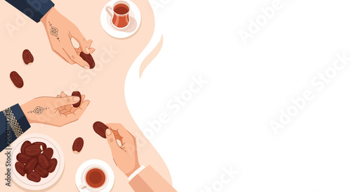 Muslim people hands taking dates fruit and drinking tea for iftar during Ramadan, flat vector illustration with copy space.