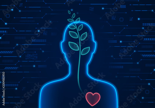 Mental health, healing, therapy. Head with a plant growing from a heart on a technological abstract background. Concept for maintaining health, inner peace, emotional well-being, and positive thinking