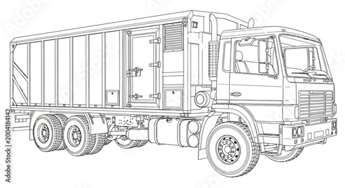 Detailed line drawing illustration of a large, multi-axle truck with a box trailer, showcasing its mechanical components and design.