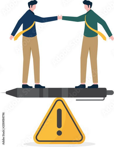 Professionals handshaking on pen over warning sign