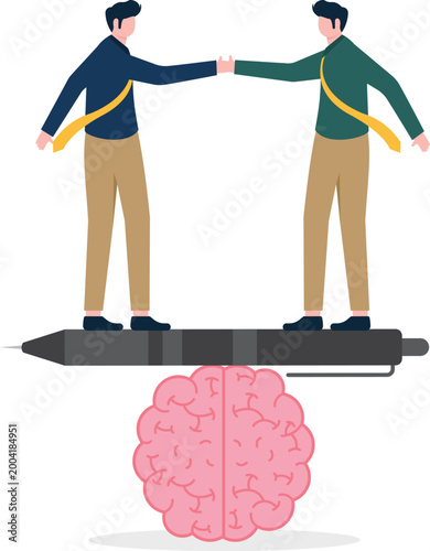 Professionals handshaking on pen over human brain