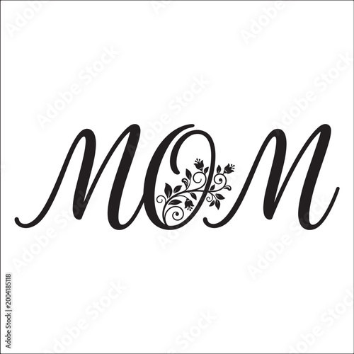 Elegant cursive word mom with delicate floral embellishment. Beautiful calligraphy for greeting cards, gifts, and celebratory designs. Sophisticated and charming.
