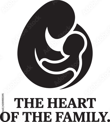 Family design element silhouette featuring mother holding child with bold text quote stating that family is heart as central graphic art for greeting card printing apparel.