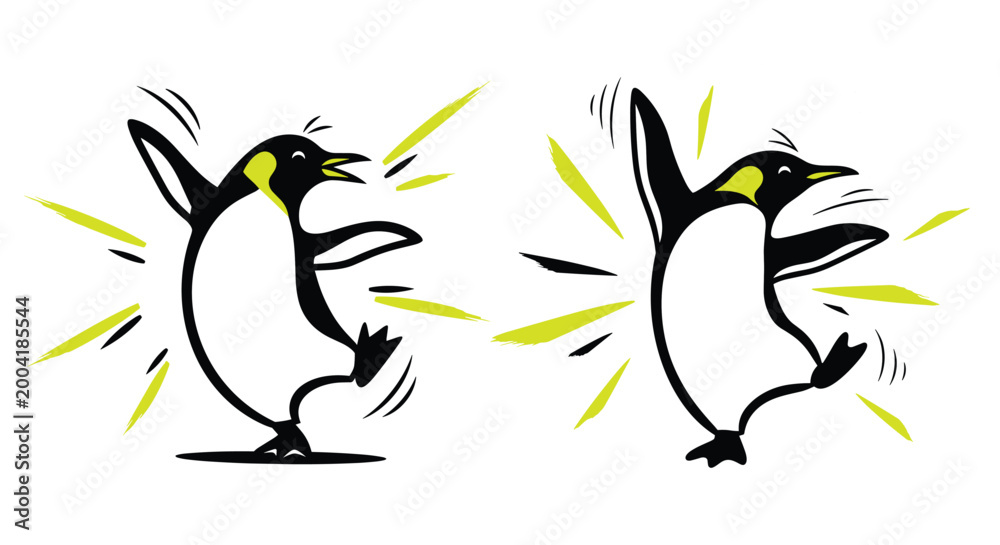 Obraz premium Penguins dancing with joyful energy are depicted in a minimalist black and white line art illustration.