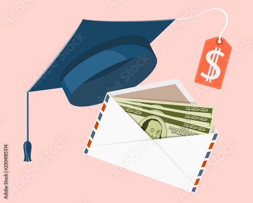 Graduation cap with price tag and envelope with dollar money. Education loan or bribery. Vector illustration