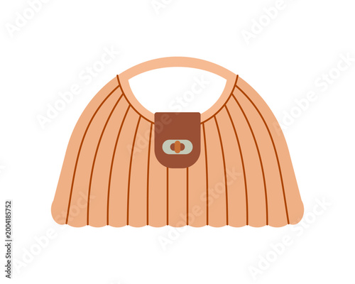 Modern beige woven pleated women's handbag with brown clasp. Cute vector illustration isolated on white background for fashionable women's summer beach collection.

