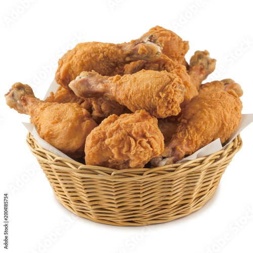 Wicker basket filled with crispy golden fried chicken drumsticks on a white background