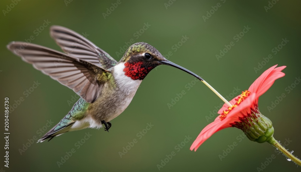 Fototapeta premium There is a hummingbird that is feeding from a red flower