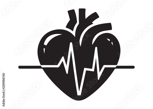 human heart with pulse logo silhouette vector, anatomical human heart with pulse logo silhouette vector illustration,healthy heart logo, medical heart pulse logo silhouette design on white background