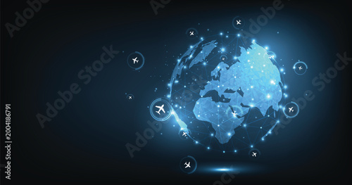 Airplane flies glowing 3D world map with interconnected travel routes. Represents global air travel, aviation logistics, and international connectivity in a digital tech style.	