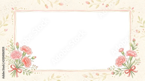 Delicate Illustrated Carnation Corner Flowers on Cream Ivory Frame Template with Blank Center, Soft Vintage Floral Frame for Wedding and Celebration Cards