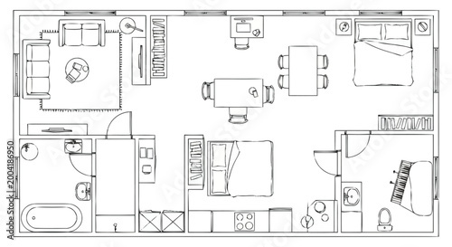 Detailed floor plan rendering showcasing a two bedroom residential apartment layout with living area dining room kitchen bathroom and two sleeping chambers ideal for architectural visualization