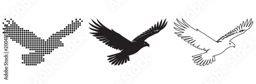 Majestic eagle in flight, depicted in pixelated, silhouette, and outline styles