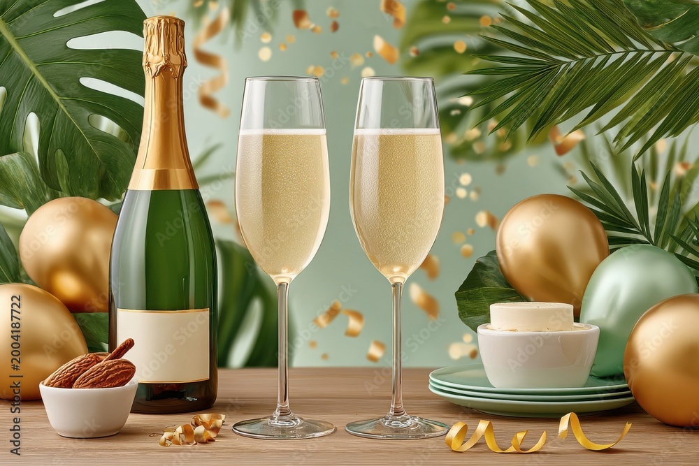 Naklejka premium Champagne celebration with two flutes, golden balloons and confetti on a festive table