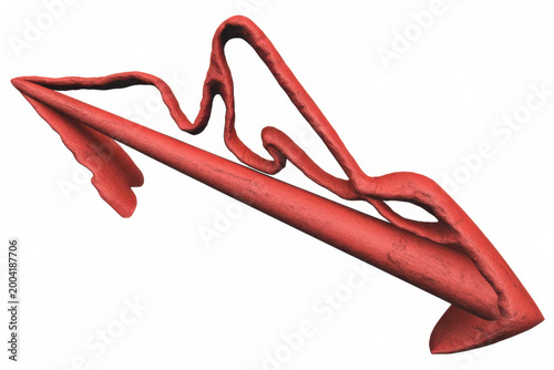 Abstract red 3d form resembling a twisted arrow or ribbon shape isolated on a white background