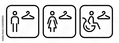 Photos Line icons of men, women and accessible changing rooms in square frame