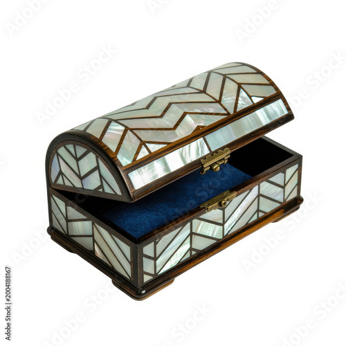 An open wooden jewelry box with mother of pearl chevron inlay and blue velvet lining isolated
