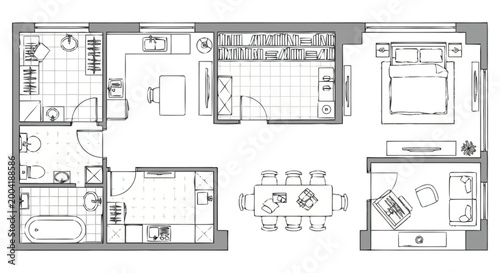 Architectural Floor Plan Blueprint Representation of a Dwelling Apartment Layout Showing Rooms Furniture and Design Elements for Property Development and Real Estate Planning Purposes Providing