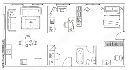 Architectural blueprint of a compact apartment layout showcasing a living area dining space kitchenette workstation a bedroom and a bathroom with comprehensive design elements for residential