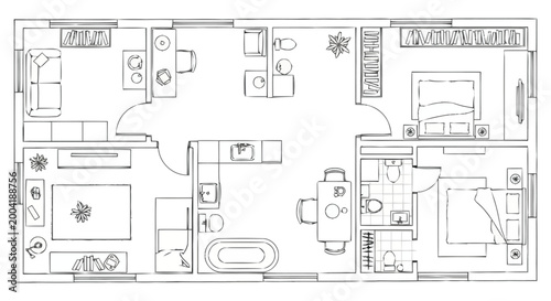 Comprehensive Architectural Floor Plan Rendering Depicting Interior Layout and Furnishings of a Residential Dwelling Showing Multiple Rooms and Living Spaces for Design Concepts and Real Estate