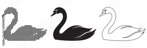 Three distinct swan illustrations: pixelated silhouette, solid black, and outline drawing