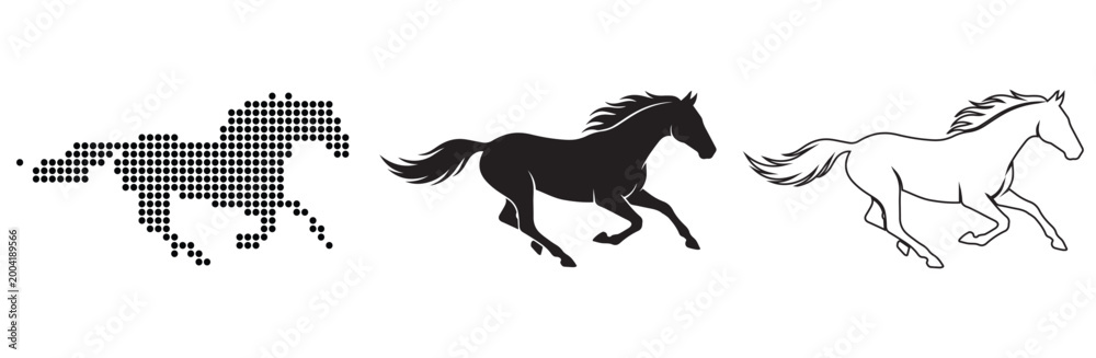 Obraz premium Three dynamic depictions of a galloping horse: pixelated, silhouette, and outline.