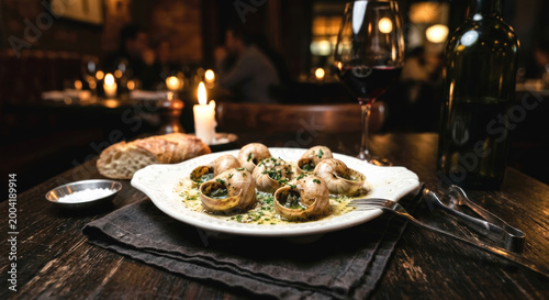 Escargots in Garlic Butter on Elegant Porcelain Plate, Fine Dining French Cuisine